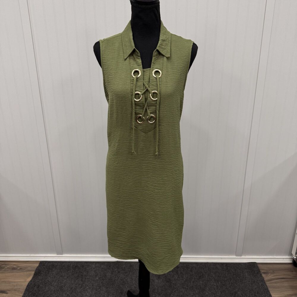 Naif Women's XL Olive Green Sleeveless Swing Summer Dress Modern Preppy Chic